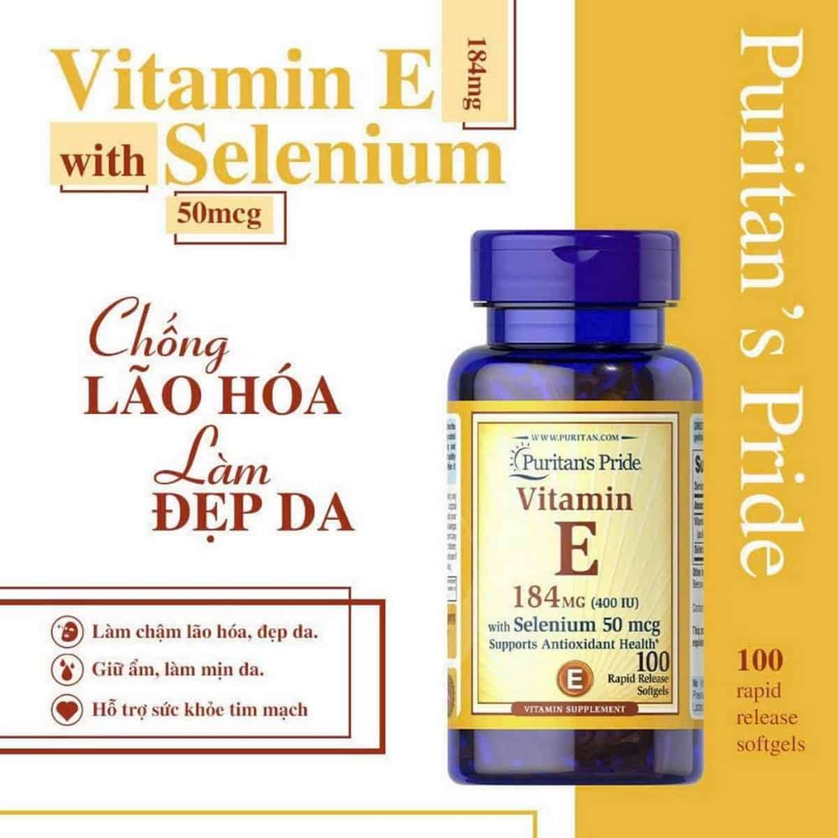 Lọ Puritans Pride Vitamin E 400Iu Lọ Puritans Pride Vitamin E 184mg 400IU 100 viên màu trắng với nhãn xanh vàng