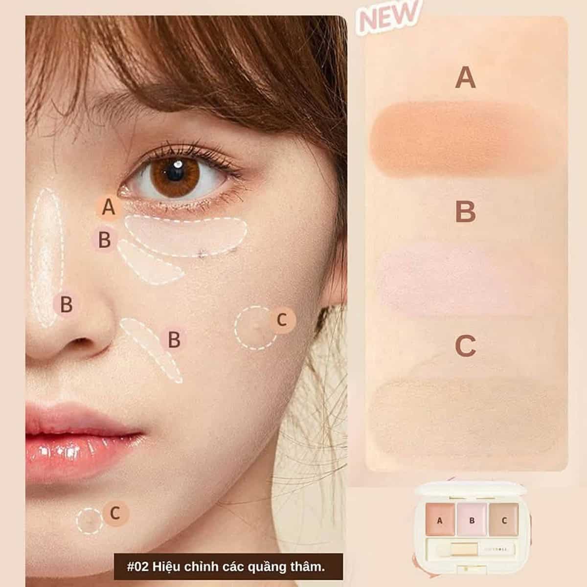 Gợi Ý Sử Dụng Ba Màu Che Khuyết Điểm Judydoll Hướng dẫn vị trí dùng ba màu che khuyết điểm Judydoll trên vùng mắt mũi má và cằm